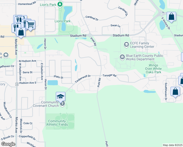 map of restaurants, bars, coffee shops, grocery stores, and more near 700 Timberwolf Drive in Mankato