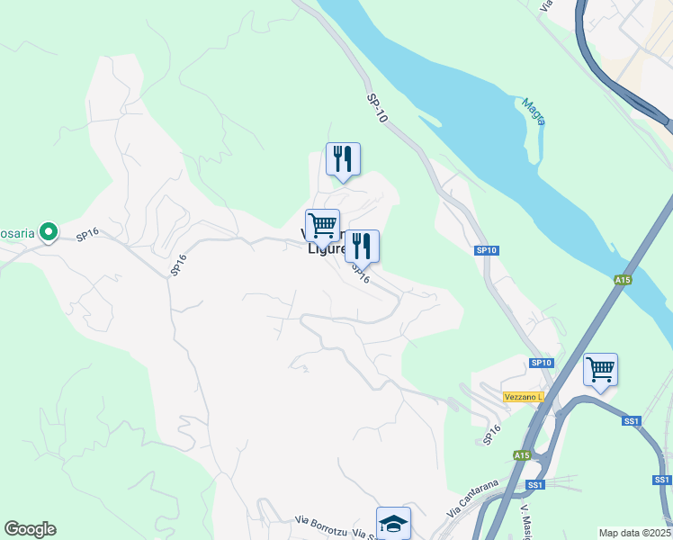 map of restaurants, bars, coffee shops, grocery stores, and more near 14 Via Cornettolo in Vezzano Ligure