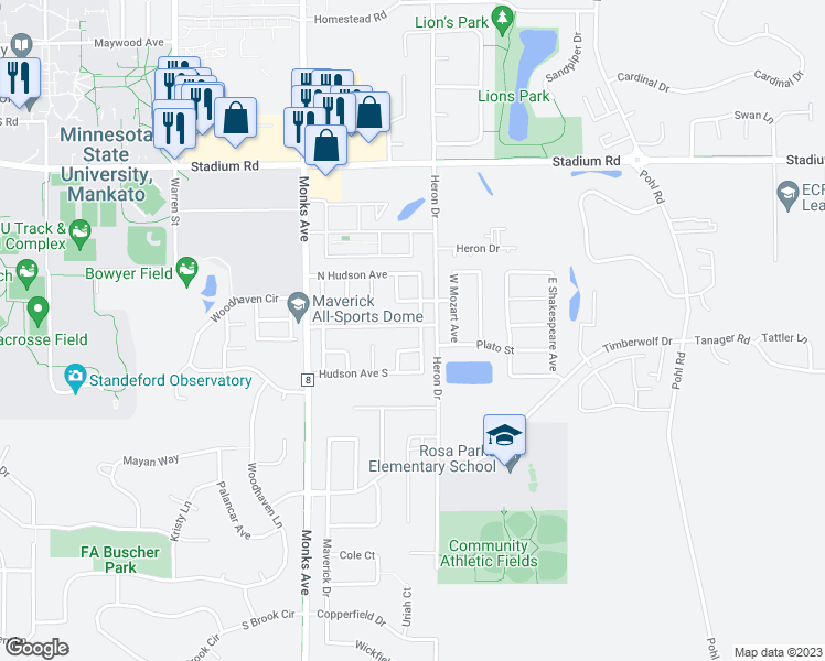 map of restaurants, bars, coffee shops, grocery stores, and more near 207 Serra Street in Mankato
