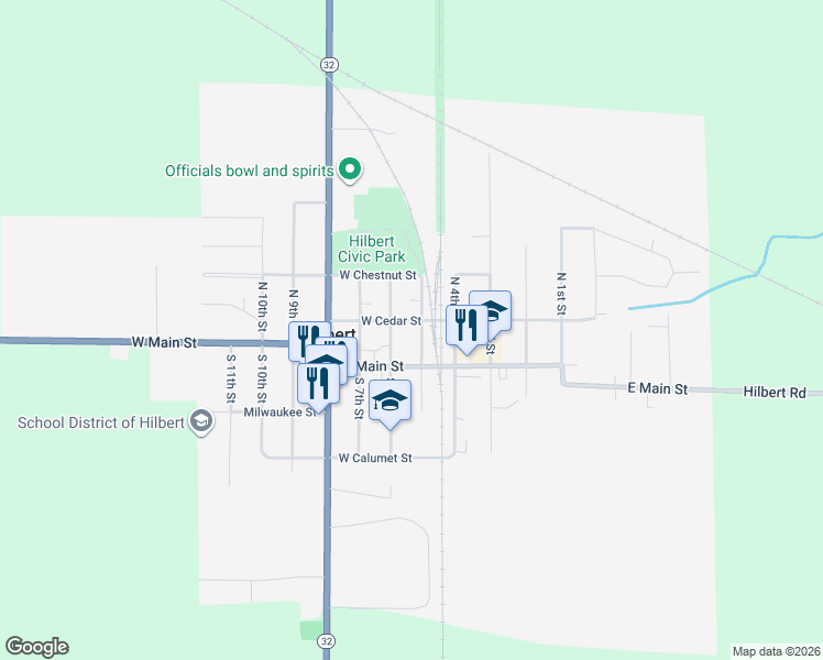 map of restaurants, bars, coffee shops, grocery stores, and more near 51 North 5th Street in Hilbert