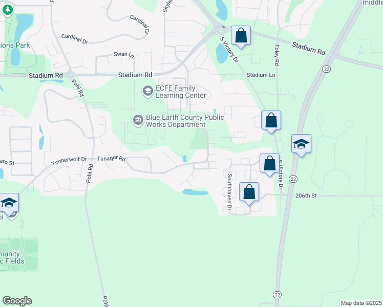 map of restaurants, bars, coffee shops, grocery stores, and more near 660 Tanager Path in Mankato