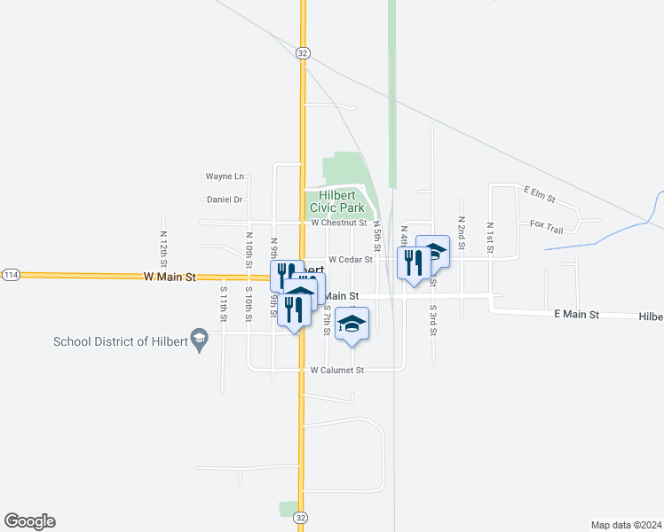 map of restaurants, bars, coffee shops, grocery stores, and more near 633 West Cedar Street in Hilbert