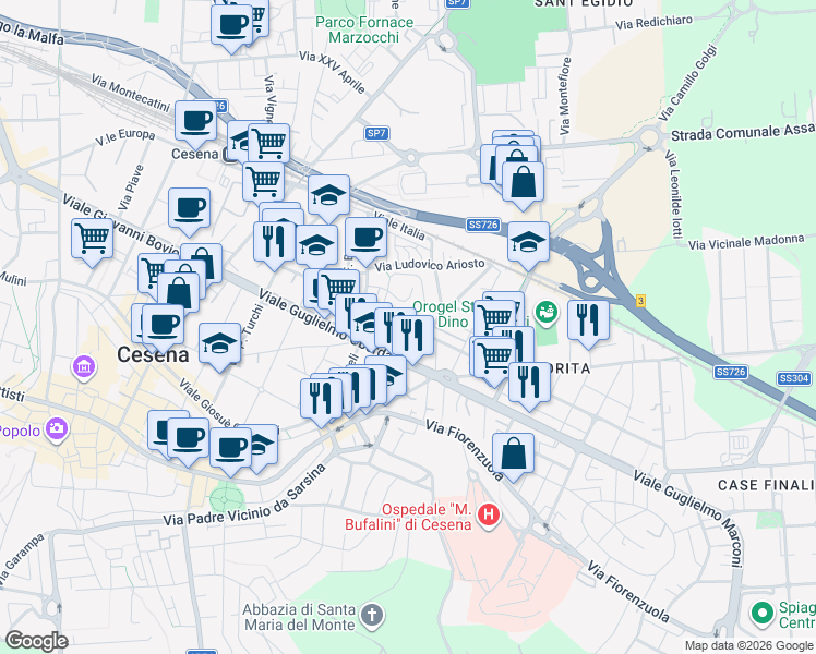 map of restaurants, bars, coffee shops, grocery stores, and more near 415 Viale Plauto Maccio Tito in Cesena