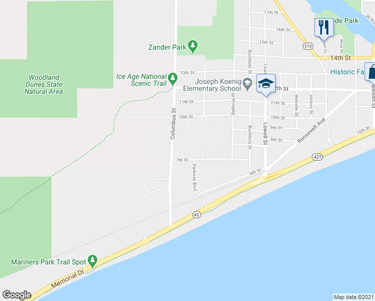 map of restaurants, bars, coffee shops, grocery stores, and more near 2816 7th Street in Two Rivers