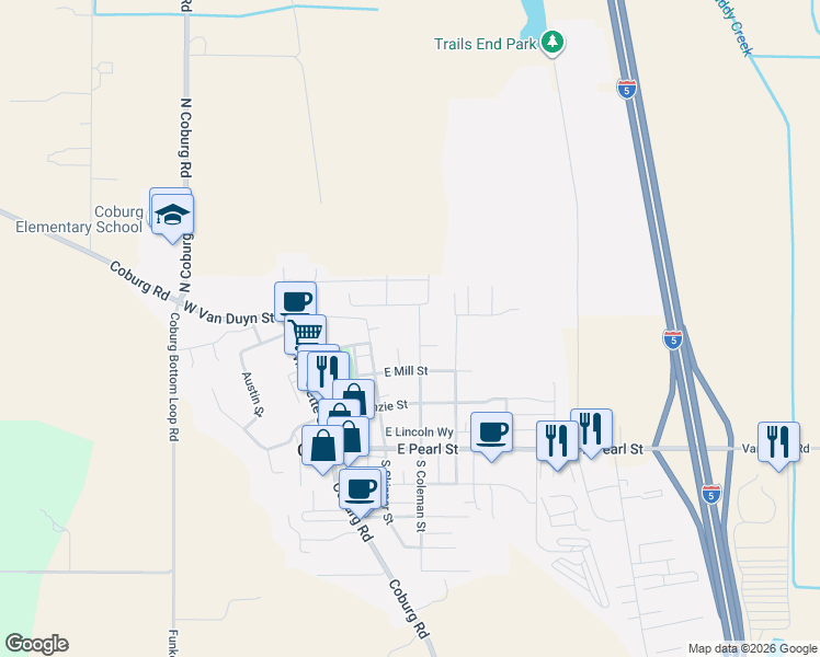 map of restaurants, bars, coffee shops, grocery stores, and more near 91180 North Coleman Street in Eugene