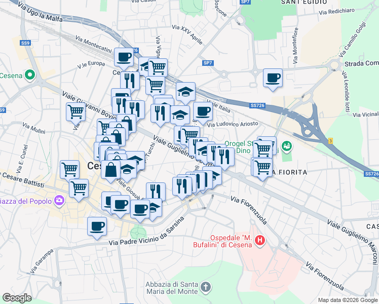map of restaurants, bars, coffee shops, grocery stores, and more near 393 Viale Guglielmo Oberdan in Cesena