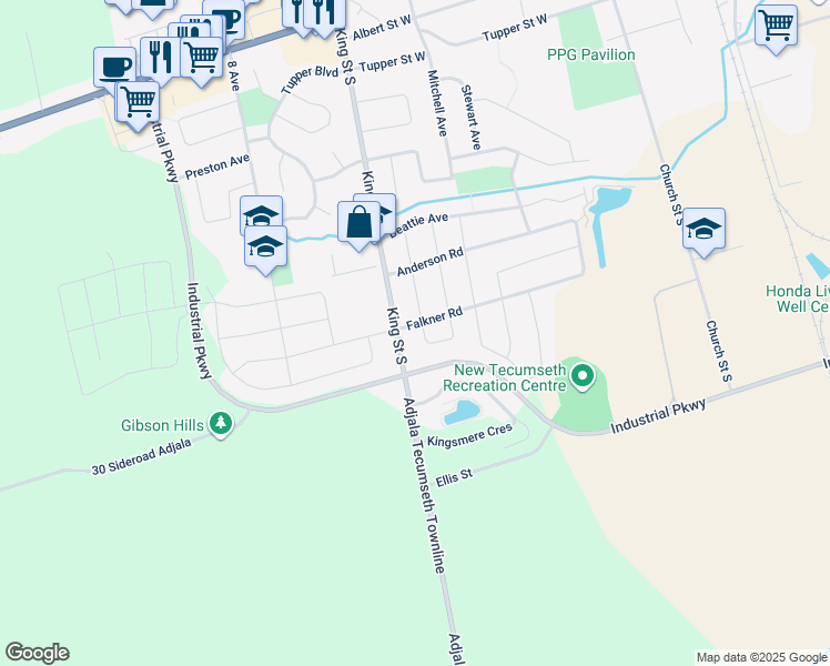 map of restaurants, bars, coffee shops, grocery stores, and more near 2 Ruthven Crescent in New Tecumseth