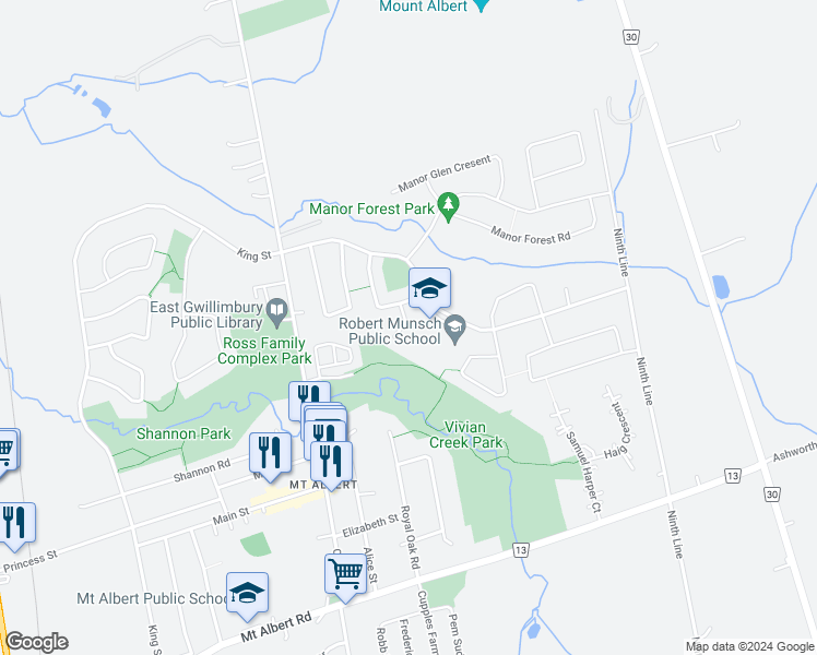 map of restaurants, bars, coffee shops, grocery stores, and more near 21 Battenberg Court in Mount Albert