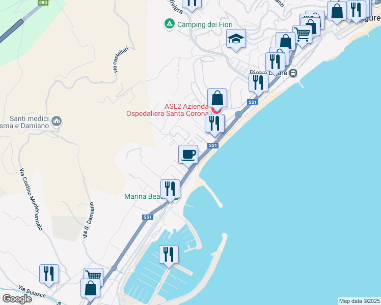 map of restaurants, bars, coffee shops, grocery stores, and more near Via Aurelia in Pietra Ligure