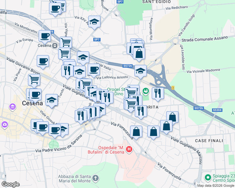 map of restaurants, bars, coffee shops, grocery stores, and more near 46 Via Toscana in Cesena