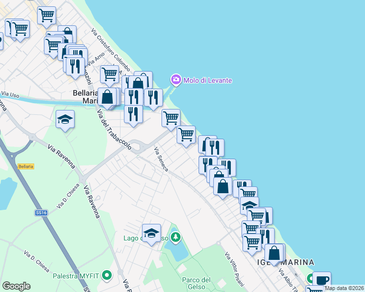 map of restaurants, bars, coffee shops, grocery stores, and more near 12 Via Caio Plinio in Igea Marina