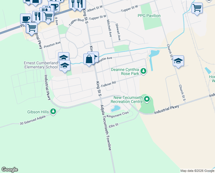 map of restaurants, bars, coffee shops, grocery stores, and more near 1 Ruthven Crescent in New Tecumseth