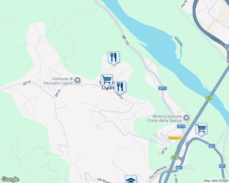 map of restaurants, bars, coffee shops, grocery stores, and more near 14 Via Cornettolo in Vezzano Ligure