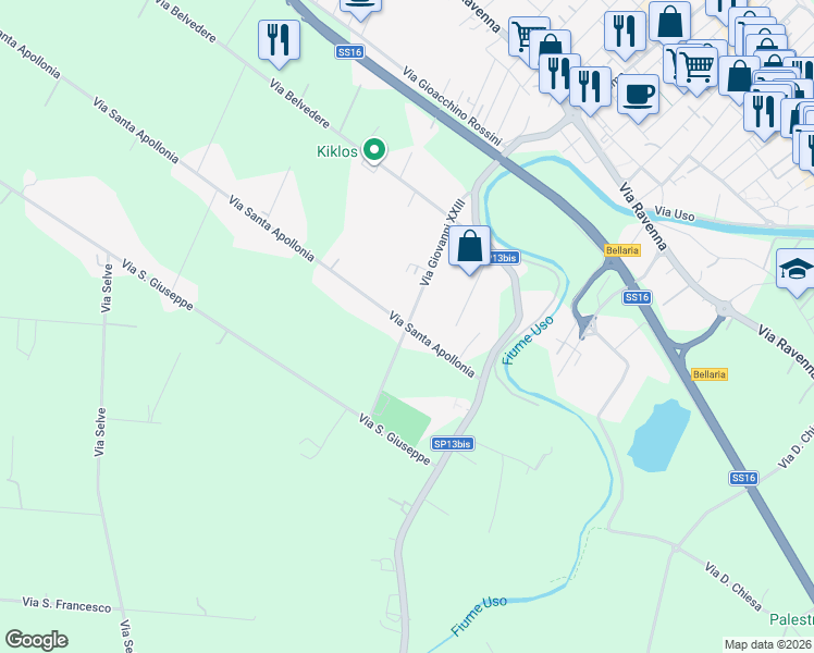 map of restaurants, bars, coffee shops, grocery stores, and more near 36 Via Giovanni XXIII in Rimini
