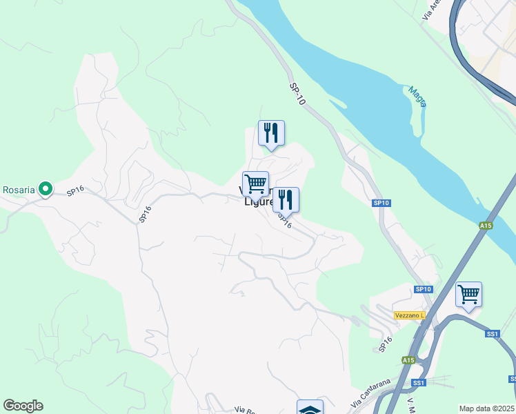 map of restaurants, bars, coffee shops, grocery stores, and more near 14 Via Cornettolo in Vezzano Ligure