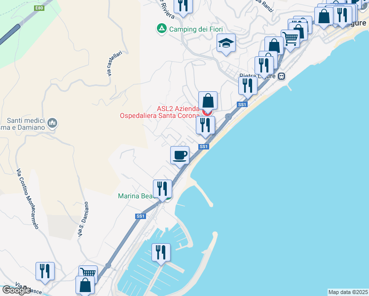 map of restaurants, bars, coffee shops, grocery stores, and more near Via Aurelia in Pietra Ligure