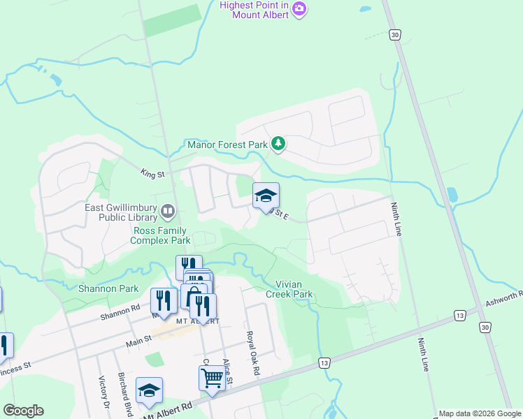 map of restaurants, bars, coffee shops, grocery stores, and more near 21 Battenberg Court in Mount Albert