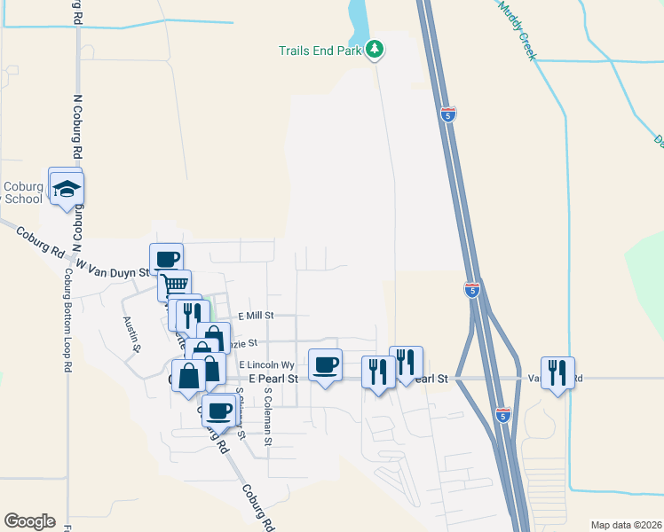 map of restaurants, bars, coffee shops, grocery stores, and more near 91217 Shane Court in Coburg