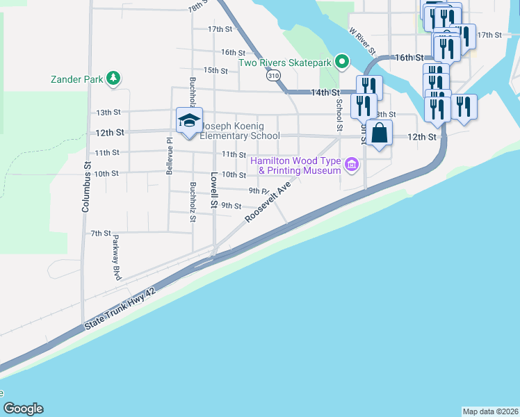 map of restaurants, bars, coffee shops, grocery stores, and more near Roosevelt Avenue in Two Rivers