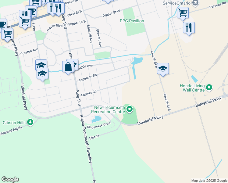 map of restaurants, bars, coffee shops, grocery stores, and more near 8 Jones Street in New Tecumseth