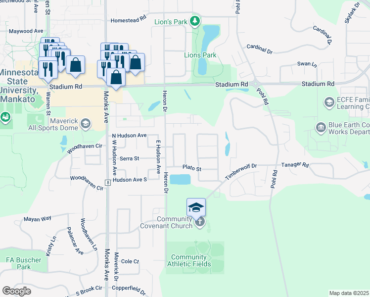 map of restaurants, bars, coffee shops, grocery stores, and more near 300 North Mozart Avenue in Mankato