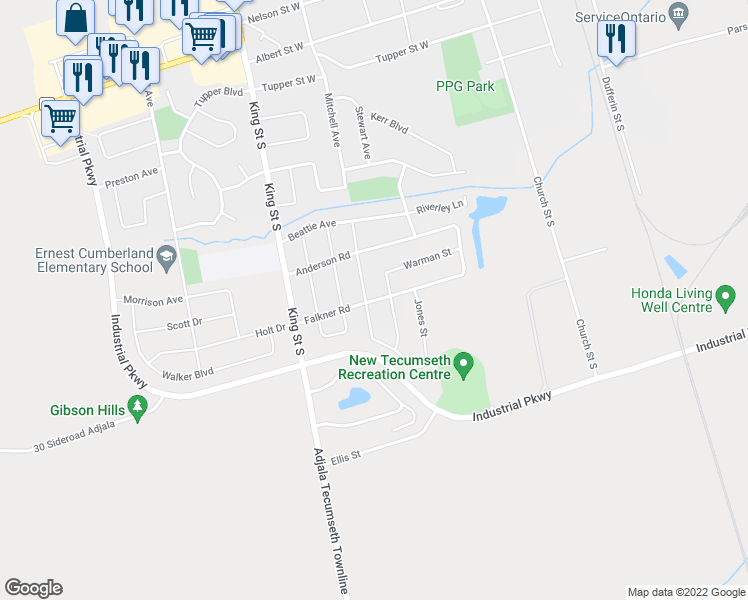 map of restaurants, bars, coffee shops, grocery stores, and more near 114 Falkner Road in New Tecumseth