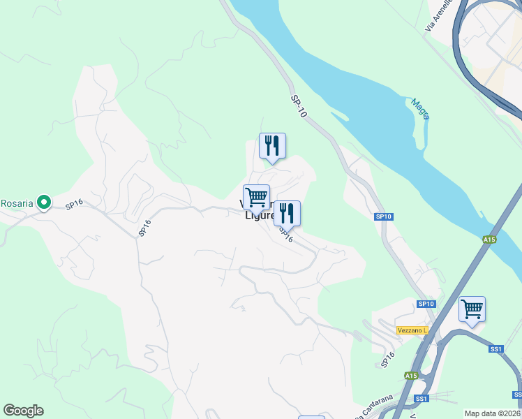 map of restaurants, bars, coffee shops, grocery stores, and more near in Vezzano Ligure