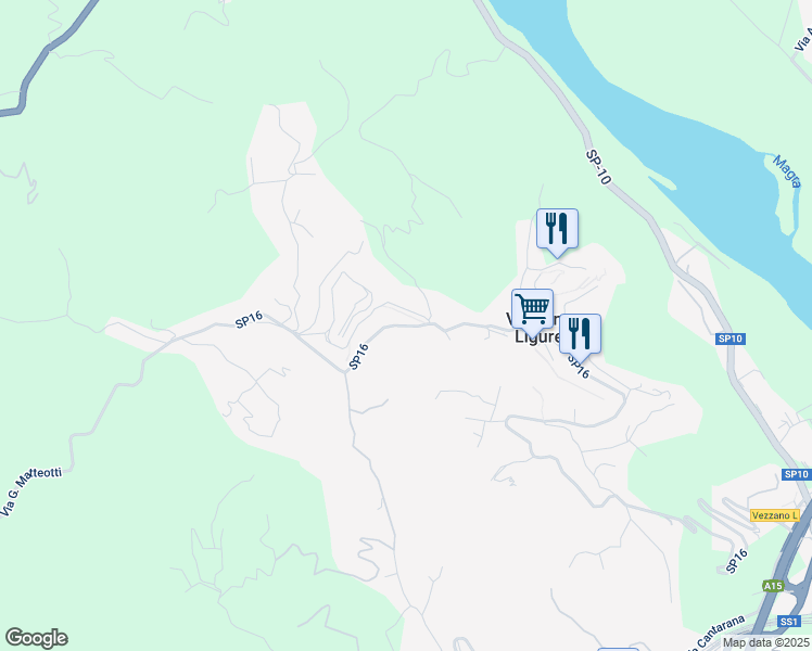 map of restaurants, bars, coffee shops, grocery stores, and more near 46 Via Roma in Vezzano Ligure