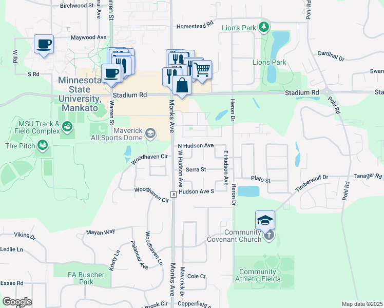map of restaurants, bars, coffee shops, grocery stores, and more near 118 North Hudson Avenue in Mankato