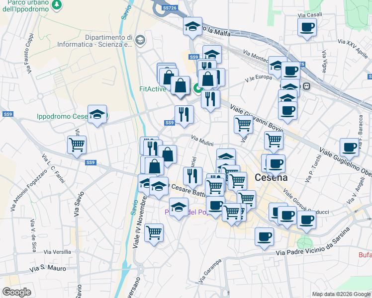 map of restaurants, bars, coffee shops, grocery stores, and more near 22B Via Mulini in Cesena