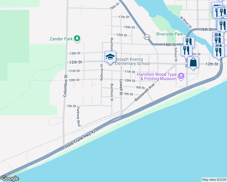map of restaurants, bars, coffee shops, grocery stores, and more near 903 Buchholz Street in Two Rivers