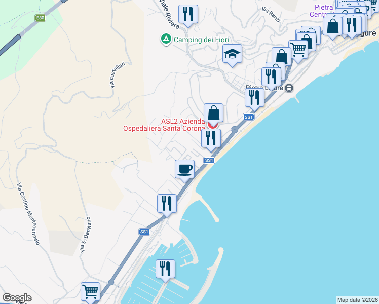 map of restaurants, bars, coffee shops, grocery stores, and more near 156 Via Milano in Pietra Ligure