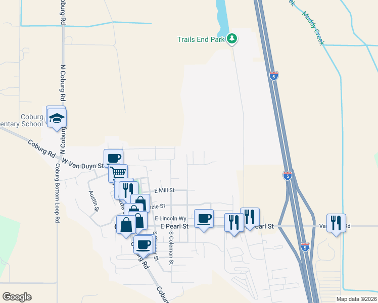 map of restaurants, bars, coffee shops, grocery stores, and more near 91228 North Miller Street in Eugene