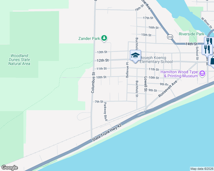 map of restaurants, bars, coffee shops, grocery stores, and more near 918 Parkway Court in Two Rivers