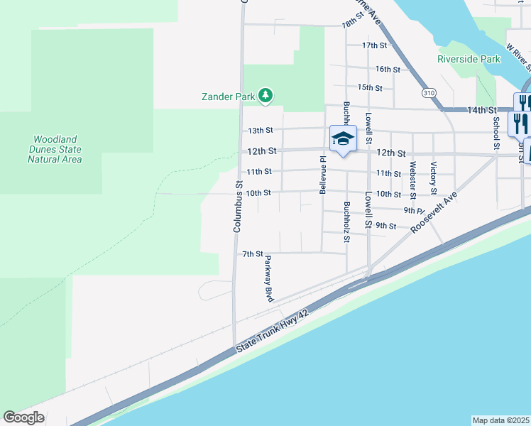 map of restaurants, bars, coffee shops, grocery stores, and more near 918 Parkway Court in Two Rivers