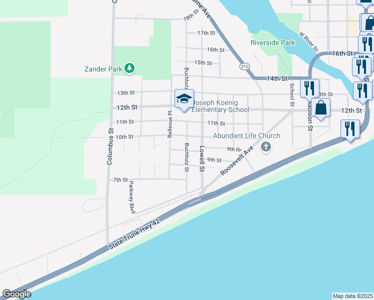 map of restaurants, bars, coffee shops, grocery stores, and more near 903 Buchholz Street in Two Rivers