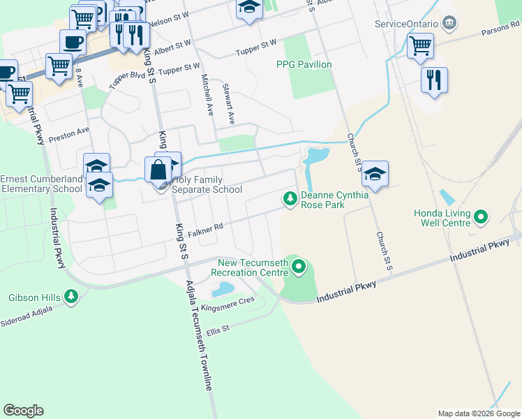 map of restaurants, bars, coffee shops, grocery stores, and more near 114 Falkner Road in New Tecumseth