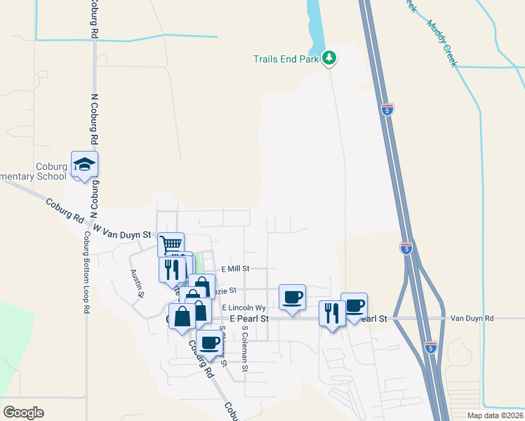 map of restaurants, bars, coffee shops, grocery stores, and more near 91228 North Miller Street in Eugene