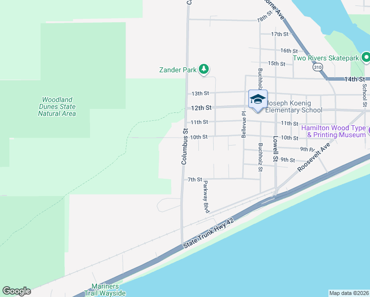 map of restaurants, bars, coffee shops, grocery stores, and more near 919 Columbus Street in Two Rivers