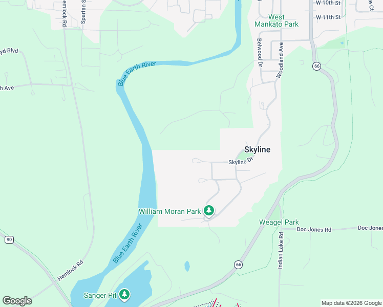 map of restaurants, bars, coffee shops, grocery stores, and more near 62 Skyline Drive in Mankato