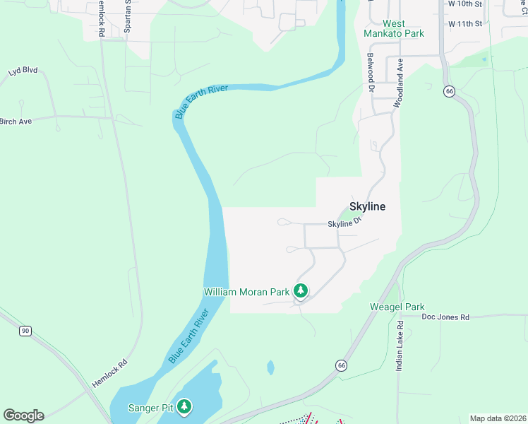 map of restaurants, bars, coffee shops, grocery stores, and more near 62 Skyline Drive in Mankato
