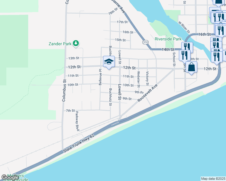 map of restaurants, bars, coffee shops, grocery stores, and more near 903 Buchholz Street in Two Rivers