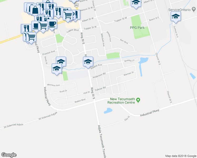 map of restaurants, bars, coffee shops, grocery stores, and more near 31 Milne Street in New Tecumseth
