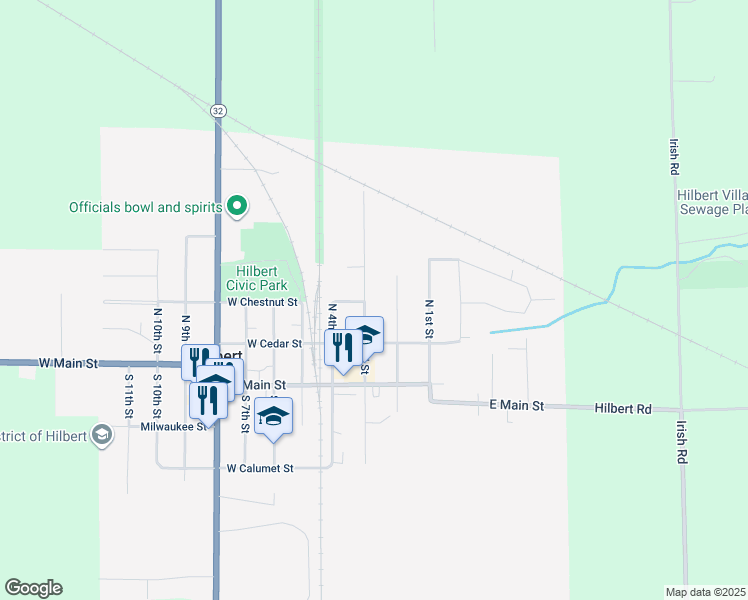 map of restaurants, bars, coffee shops, grocery stores, and more near 211 North 3rd Street in Hilbert