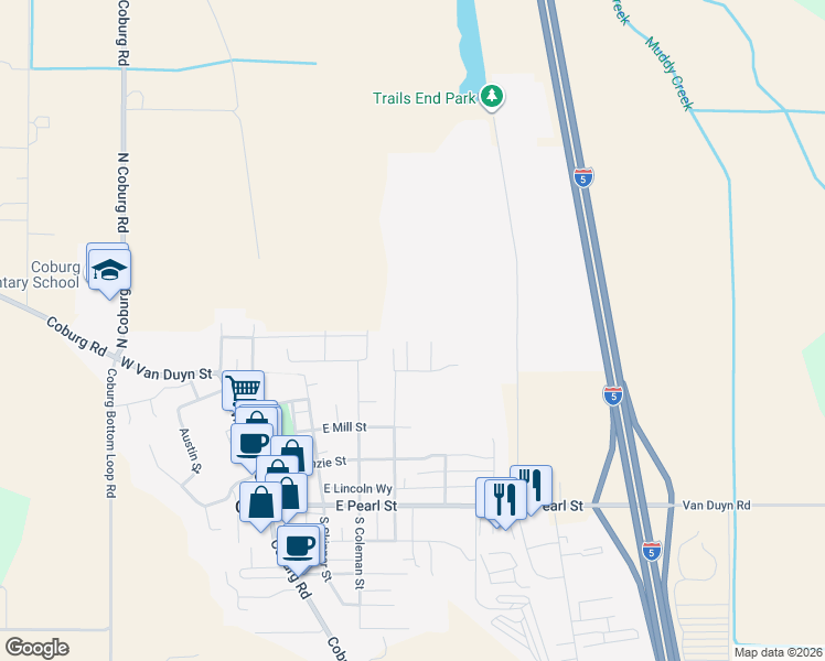 map of restaurants, bars, coffee shops, grocery stores, and more near 91238 Shane Court in Coburg
