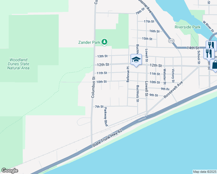 map of restaurants, bars, coffee shops, grocery stores, and more near 918 Parkway Court in Two Rivers