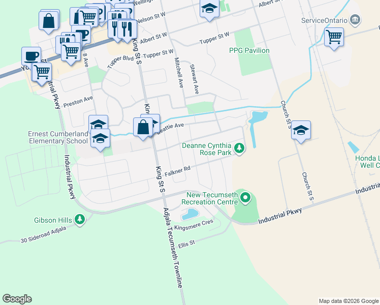 map of restaurants, bars, coffee shops, grocery stores, and more near 34 Knight Street in New Tecumseth