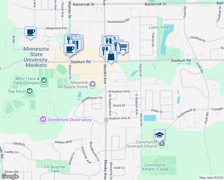 map of restaurants, bars, coffee shops, grocery stores, and more near 114 North Hudson Avenue in Mankato
