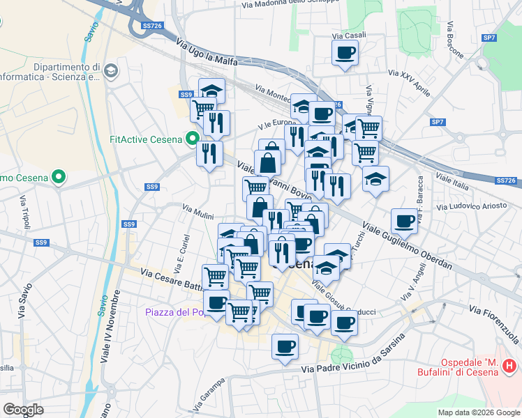 map of restaurants, bars, coffee shops, grocery stores, and more near 48 Via Piave in Cesena