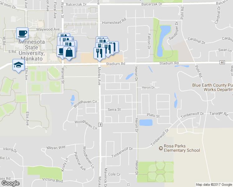 map of restaurants, bars, coffee shops, grocery stores, and more near 118 North Hudson Avenue in Mankato